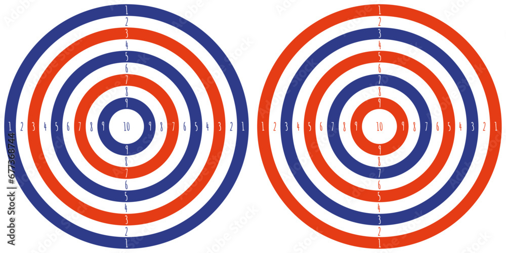 Target with numbers from one to ten. Two options with blue and red circles on the target. Target with numbers from one to ten. Two options with blue and red circles on the target.