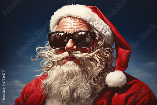 Santa Claus Wearing Sunglasses, Father Christmas Cartoon Style 