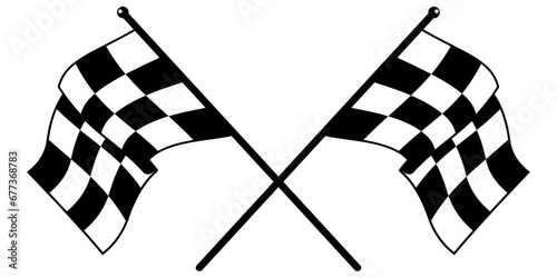 Two crossed racing flags. Formula 1 championship, isolated flags. Checkered flags. Vector illustration of two sport racing flags.