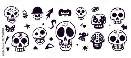 Abstract skull collection. Decorative skulls doodle style and various elements. Crazy horror, halloween or day of death, graphic vector set
