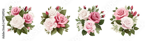 Cartoon roses bouquets, rose flowers with green leaves compositions. Decorative floral design, pink and white rosebuds vector isolated graphic