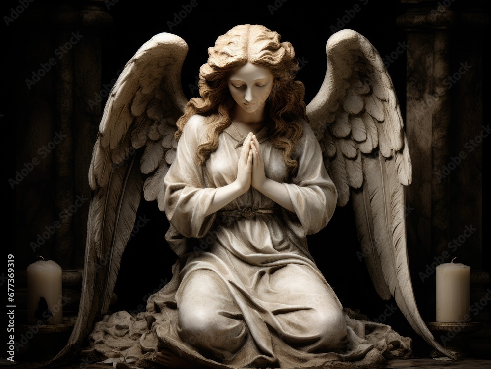 Captivating image of a marble stone angel statue in prayer, evoking a sense of religious reverence and tranquility.