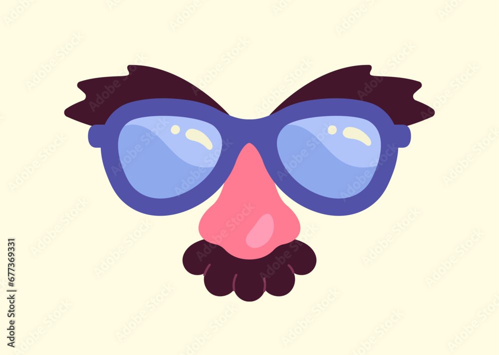 Carnival glasses concept. Accessory for holiday and festival. Element of clothing for masquerade. Moustache and nose. Cartoon flat vector illustration isolated on beige background