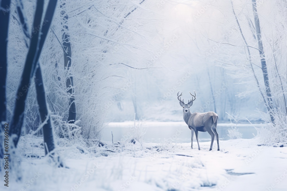 Fototapeta premium Male deer with antlers stand in forest in Winter with snow.