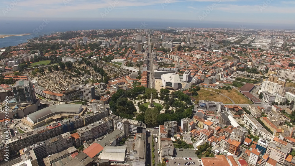 Aerial Photography of Boavista Avenue and Roundabout. Famous Place city of Porto, Portugal. Travel Destination
