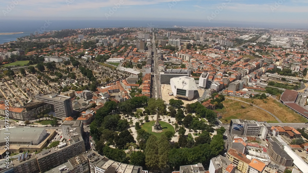 Aerial Photography of Boavista Avenue and Roundabout. Famous Place city of Porto, Portugal. Travel Destination