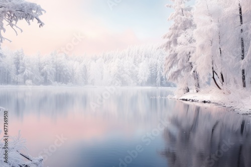 Beautiful tranquil lake at sunrise with foggy Winter forest covered by heavy snow and ice. Winter seasonal concept.