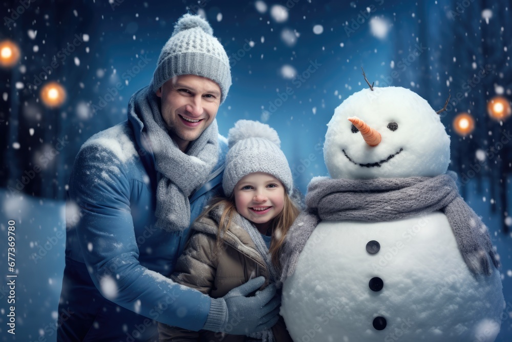 Portrait of A happy family and a snowman in snow field in Winter. Winter seasonal concept.