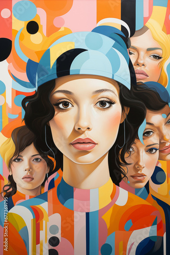 Vibrant Abstract Portraiture: A Fusion of Bold Graphics and Serene Faces in Contemporary Art