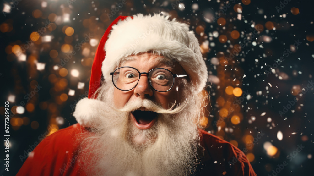 Portrait of a shocked Santa Claus, Christmas discounts, in a red suit, Christmas card Portrait of a shocked Santa Claus, Christmas discounts, in a red suit, Christmas card