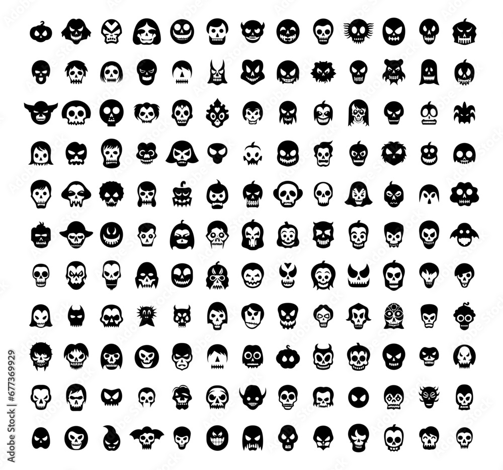 Halloween face icons. Spooky scary funny creepy person black silhouettes on white background, pumpkin executioner maniac evil clown alien dracula vampire deadman faces big collection Halloween face icons. Spooky scary funny creepy person black silhouettes on white background, pumpkin executioner maniac evil clown alien dracula vampire deadman faces big collection