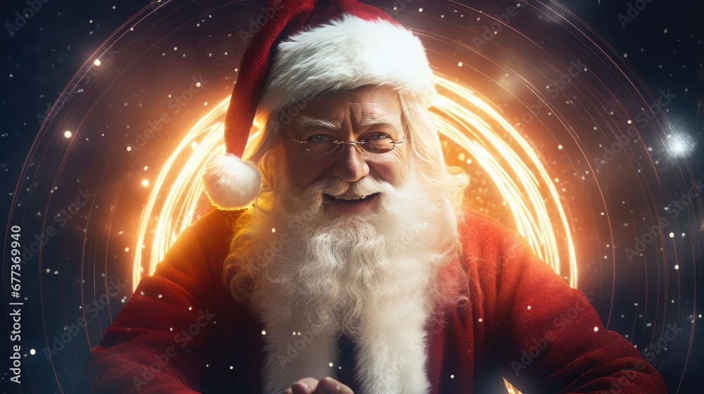 . Portrait of a happy Santa Claus making magic at night, releasing magical Christmas stars. . Portrait of a happy Santa Claus making magic at night, releasing magical Christmas stars.