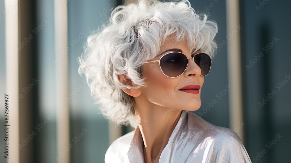 Stunning beautiful and confident elderly woman with gray hair, wearing sunglasses, smiling at camera, portrait on gray background Stunning beautiful and confident elderly woman with gray hair, wearing sunglasses, smiling at camera, portrait on gray background