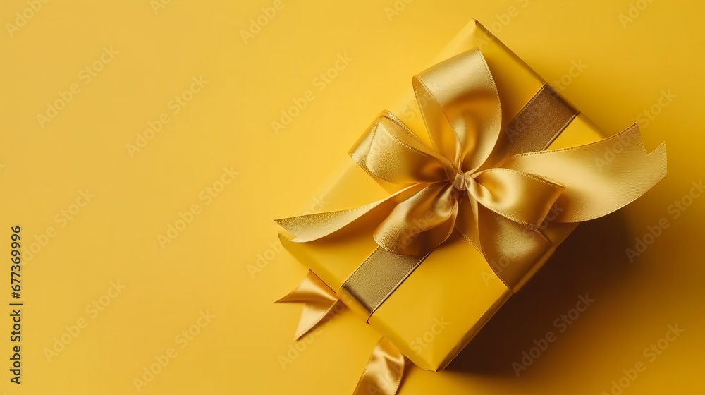 Gift box with golden satin ribbon and bow on yellow background. Holiday gift with Birthday or Christmas present, flat lay, top view, happy mother day copy space. Decor concept. Magic concept. New Year