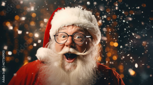 Portrait of a shocked Santa Claus, Christmas discounts, in a red suit, Christmas card