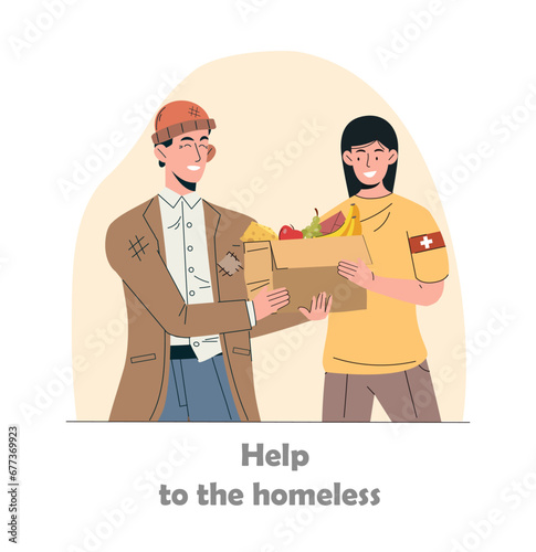 Charity work concept. Help to homeless. Woman with poor man. Donations from charitable foundation. Graphic element for website. Cartoon flat vector illustration isolated on white background