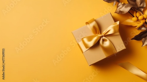 Gift box with golden satin ribbon and bow on yellow background. Holiday gift with Birthday or Christmas present, flat lay, top view, happy mother day copy space. Decor concept. Magic concept. New Year