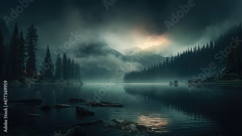 Foggy mountain and forest lake