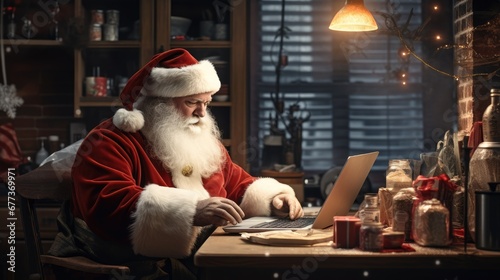 Happy old Santa Claus is sitting at the table with a laptop. Christmas time, holiday, online shopping, e-commerce sale © inna717