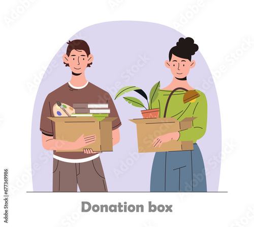 Charity work concept. People with donation box. Activists and volunteers. Sticker for social networks and messengers. Cartoon flat vector illustration isolated on white background