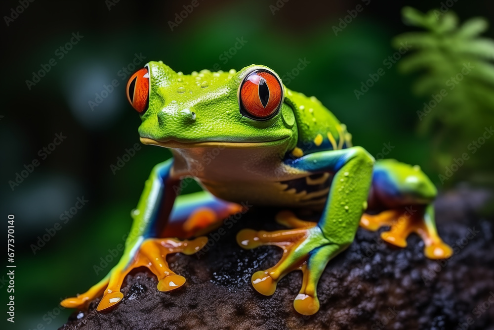 Red eyed tropical frog looking at camera on natural background. Generative AI. Red eyed tropical frog looking at camera on natural background. Generative AI.