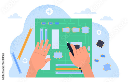 Circuit board repair concept. Repairman fix problesm with computer and pc. Technian specialist with part of gadget or device. Cartoon flat vector illustration isolated on white background