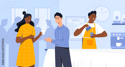 People at coffee break concept. Man and woman with cup of hot drink talk in cafe, catering. Students, friends or workers with tea. Cappuccino and espresso. Cartoon flat vector illustration