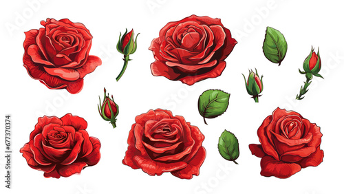 Red roses buds blossom. Rose flowers and leaves, isolated garden nature elements. Decorative cartoon floral clipart, vector graphic art