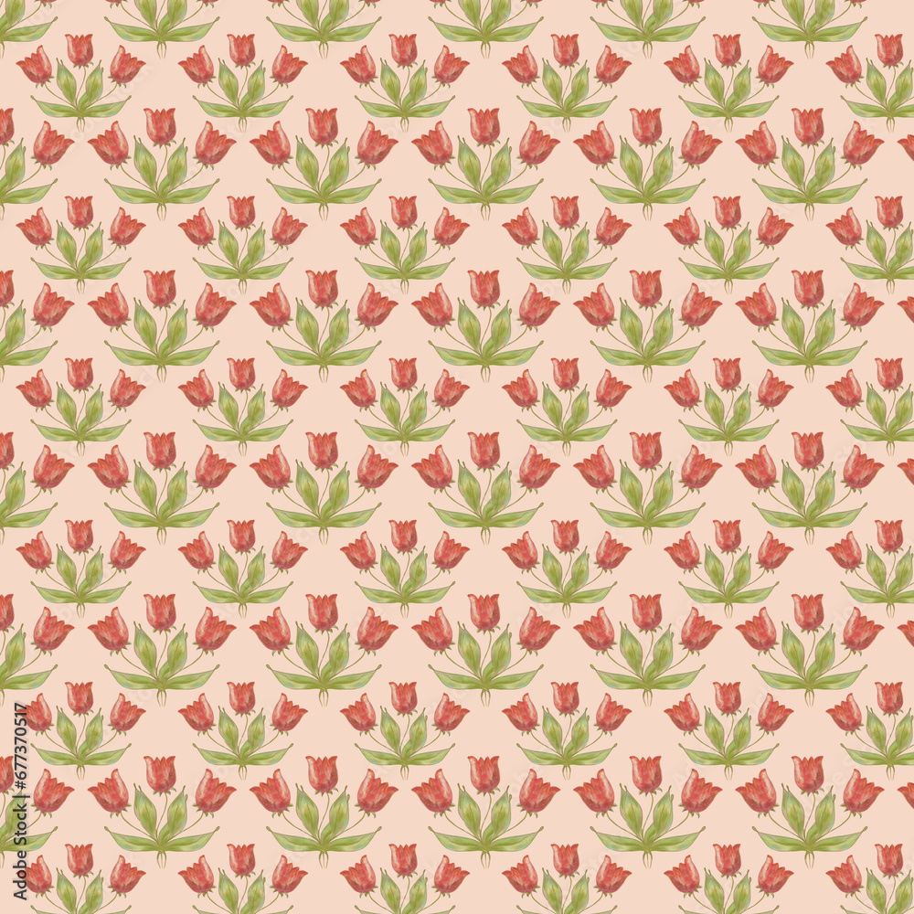 Drawing of tulips on a pink, coral background..Seamless floral pattern - red tulips on a pink background, floral elements framed by green leaves on a coral background; Drawing of tulips on a pink, coral background..Seamless floral pattern - red tulips on a pink background, floral elements framed by green leaves on a coral background;