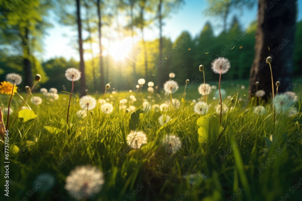 Close-up view of dandelion field in forest at sunset. Spring seasonal concept.