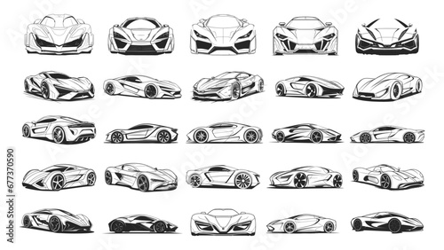 Sport-car sketch set. Super automobile sketching silhouettes, front side back views, supercar lineart design, black on white background