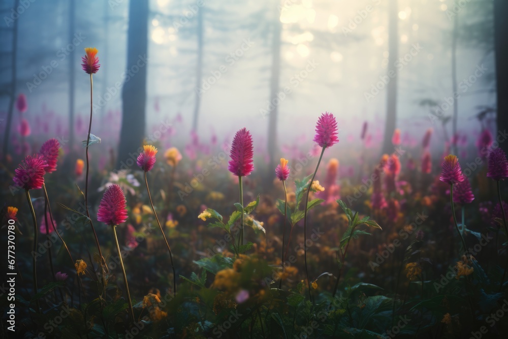 Wild flower field in foggy forest with variable colors in Spring. Spring seasonal concept. - obrazy, fototapety, plakaty 
