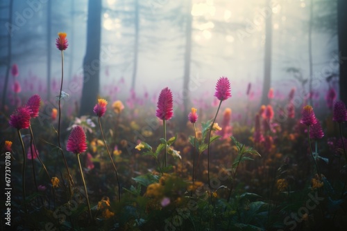 Wild flower field in foggy forest with variable colors in Spring. Spring seasonal concept.