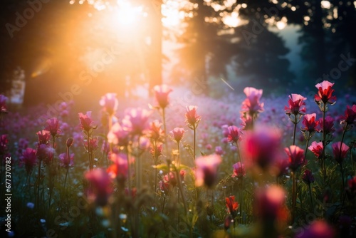 Wild flower field in foggy forest at sunrise with variable colors in Spring. Spring seasonal concept. © rabbit75_fot