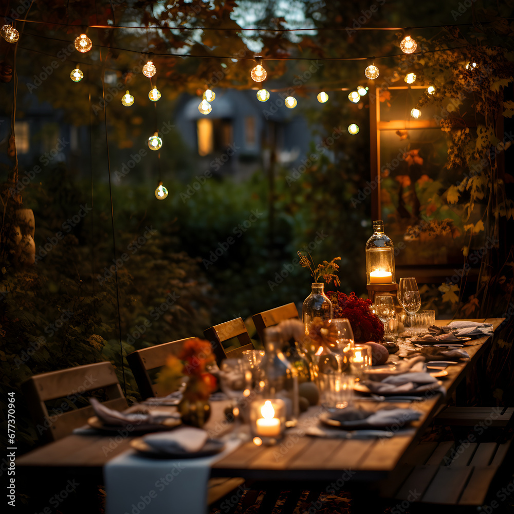 Autumn outdoor dinner table setting with lanterns and bulb lights, vertical, night, fall harvest season.