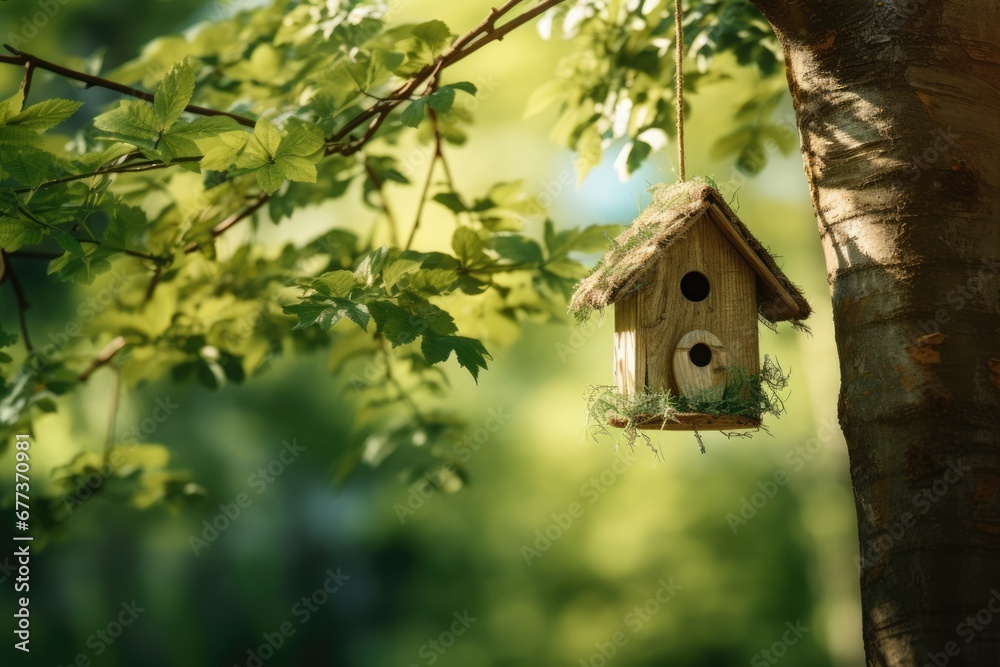 Close-up view of a small bird nest house on a green tree in woods. Spring seasonal concept. Close-up view of a small bird nest house on a green tree in woods. Spring seasonal concept.