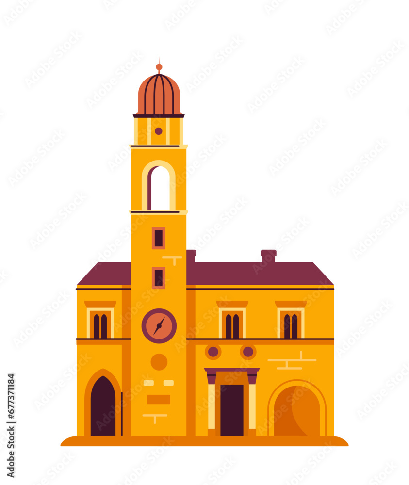 Croatia element concept. Yellow traditional building. Sightseen of european country. Historical architecture. Template and layout. Cartoon flat vector illustration isolated on white background