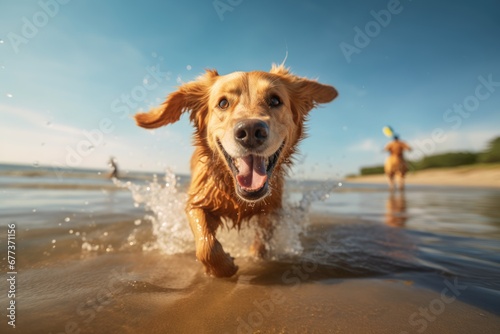 Cute dog run on sand beach with sea water