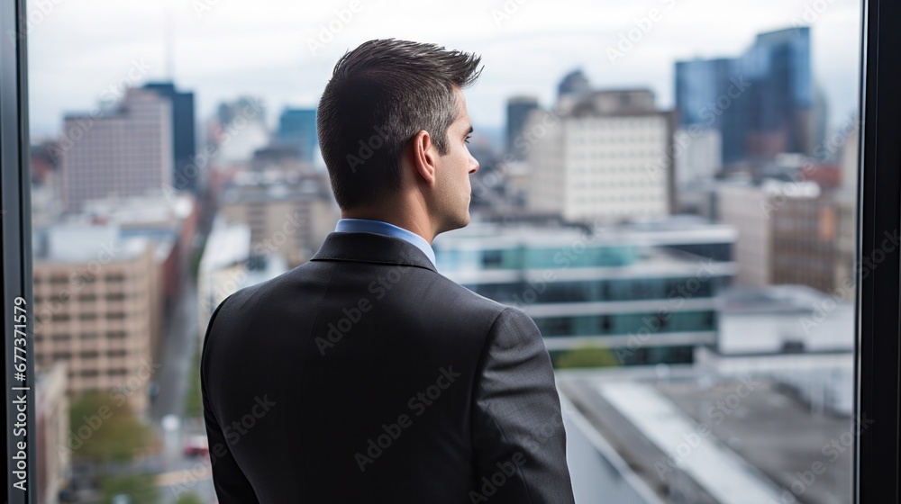 Businessman in suit gazing out window.