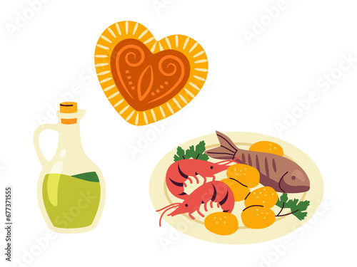 Croatia element concept. Traditional food and dishes. Sightseen of european country. Oil and fish with potato and lobsters. Cartoon flat vector illustration isolated on white background photo
