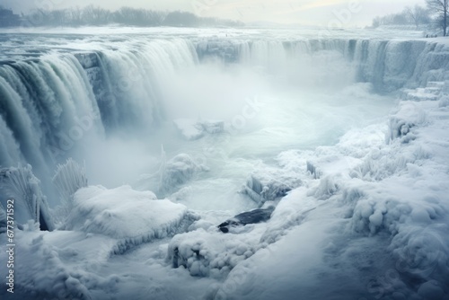 A waterfall in winter covered by heavy snow and ice. Winter seasonal concept.