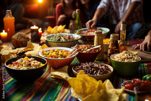Friends enjoying a "Cinco de Mayo Movie Night" with classic Mexican films and themed snacks, adding an entertaining twist to the celebration, creativity with copy space © Лариса Лазебная