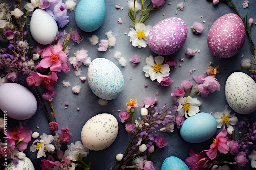 Obraz premium Vibrant Easter Blooms and Egg basckground.