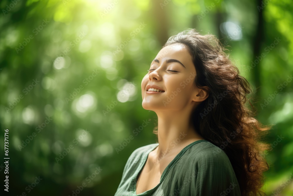 Woman enjoy fresh air with eye closed in woods in Spring. Spring seasonal concept. Woman enjoy fresh air with eye closed in woods in Spring. Spring seasonal concept.