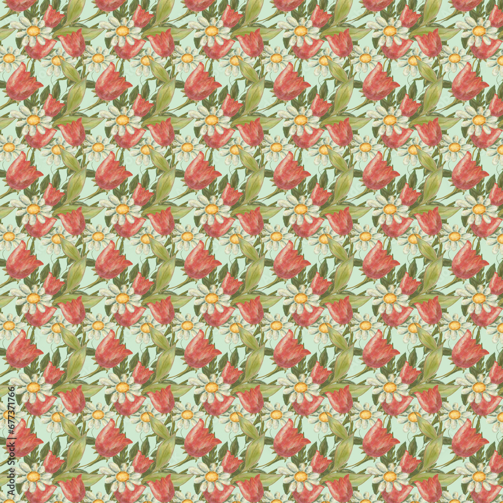 Pattern of tulips and daisies on a light green background.Seamless floral pattern, red, pink tulips, white daisies on a green background. 