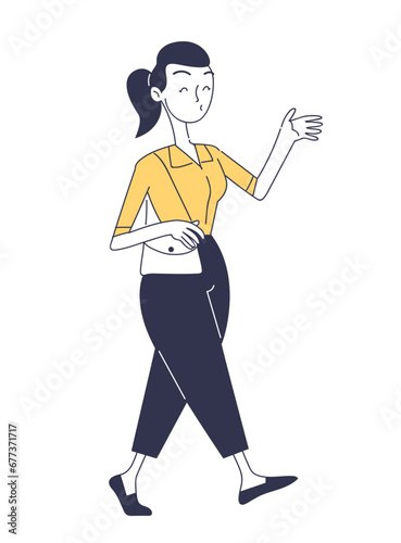 Business person doodle concept. Workflow in office. Woman with bag. Start up or business project. Poster or banner. Cartoon flat vector illustration isolated on white background