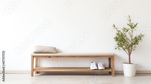 The bench and plant placed in front of a white wall create a calm and minimalist indoor environment.