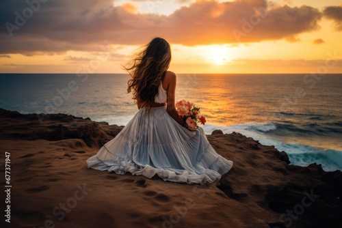 Lovely graceful lady sit by beach with a wedding floral boutique at sunset with beautiful seascape. Summer tropical vacation concept. © rabbit75_fot