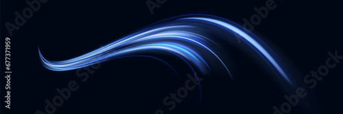 Blue light trail, wave speed, trace line twirl. Abstract light lines of movement and speed with white color glitters photo