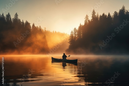 A man in canoe on a foggy tranquil lake with forest at sunrise. Winter Autumn seasonal concept. photo
